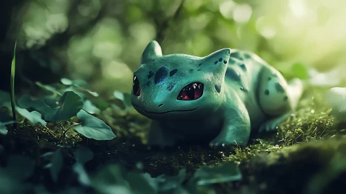 Bulbasaur rests on mossy forest floor under dappled light