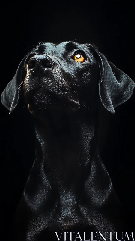 Black dog portrait with luminous amber eye on black background
