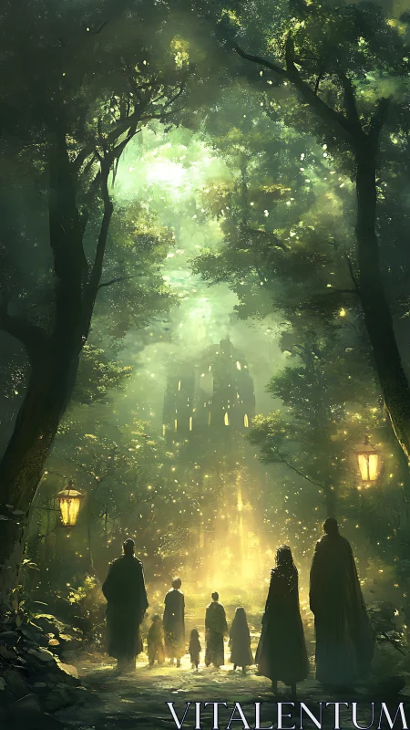 Cloaked figures approach illuminated tower within dense forest