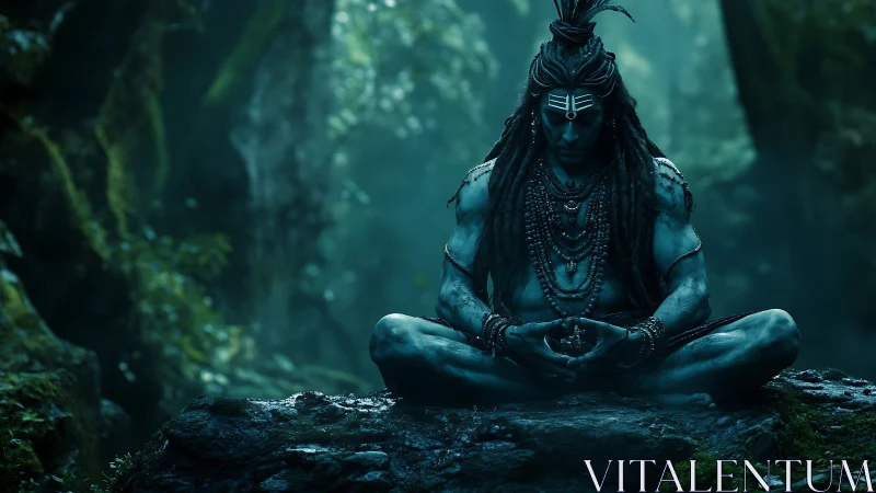 Mystical blue ascetic rests in deep meditation in the forest