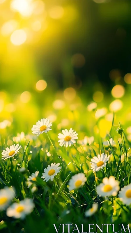 White daisies in sunlit meadow with bokeh background