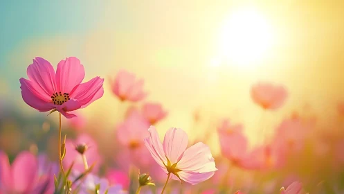 Dawn's Velvet Dancers: Cosmos Blooms Blushing Through Golden Light.