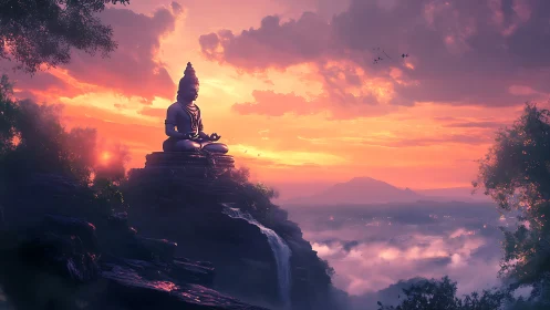 Serene seated statue on cliff above misty valley at sunset.