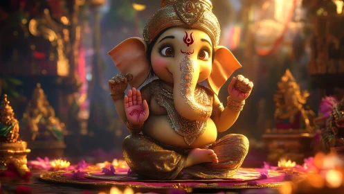 Playful baby Ganesha glowing in gentle temple light.