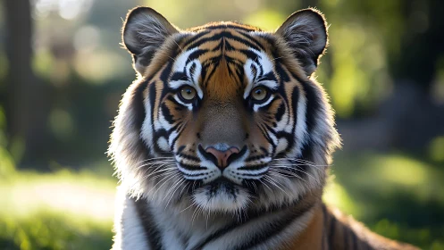 Frontlit Bengal tiger portrait with shallow depth of field bokeh