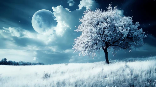 Moonlit blossom tree glowing softly in a dreamy night field.