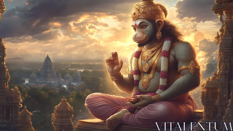 Hanuman deity figure seated above temple landscape at dusk.