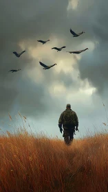 Photorealistic lone hiker under migrating geese in storm sky.
