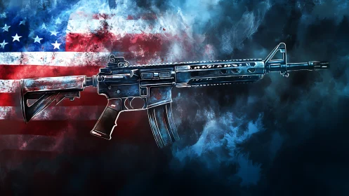 Assault rifle silhouette contrasts against abstract US flag field