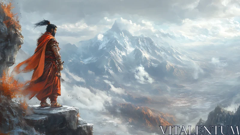 Stoic warrior in red gazes calmly across misty peaks