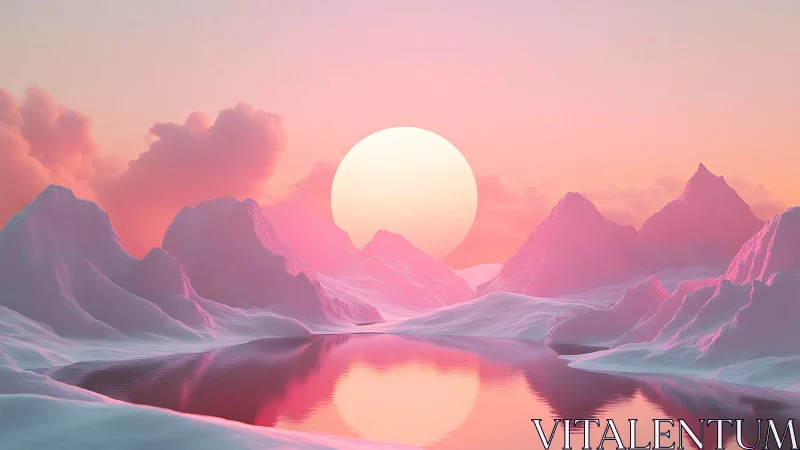 Iridescent glacial basin under overscaled solar disc at dusk.