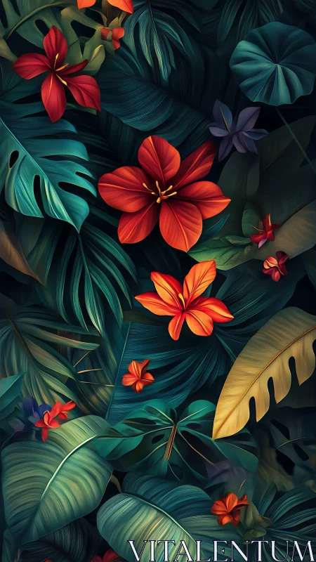 Tropical Paradise Blooms: Crimson Flowers Dance Among Emerald Foliage