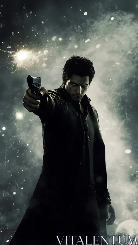 Noir gunman in backlit smoke, muzzle flash illuminating stance