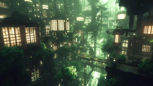 Luminous voxel jungle city with elevated bridges at dusk.