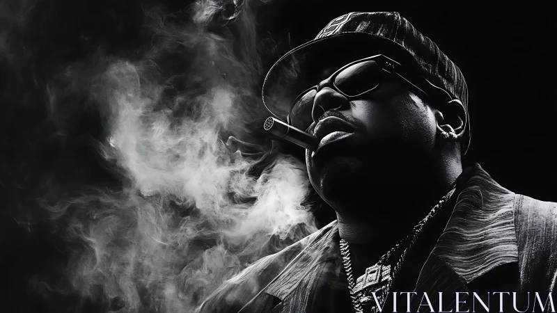 Monochrome hip-hop portrait with cigar smoke and hard lighting