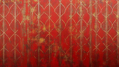 Gold geometric lines on textured red abstract background painting.