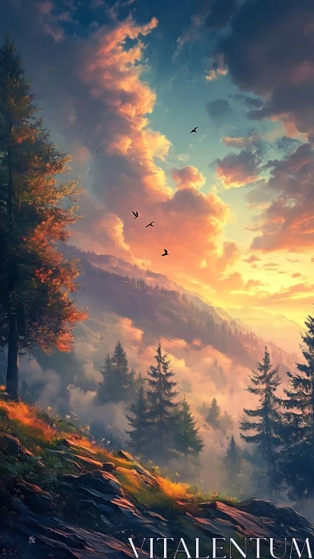 Digital painting of alpine sunrise with layered misty valley.