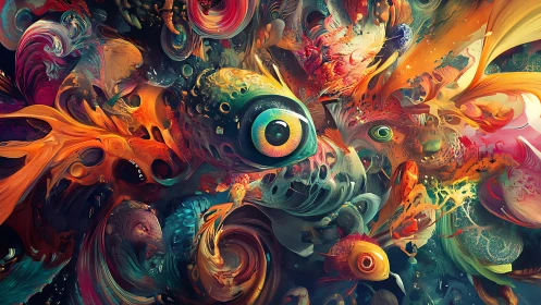 Glowing cosmic fish swirl through a dreamily painted ocean sky