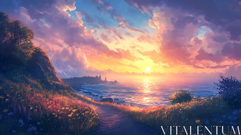 Sunlit coastal path with volumetric clouds and saturated rim lighting