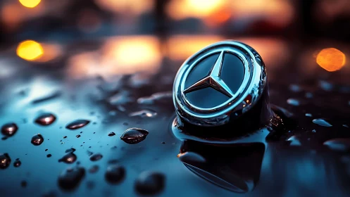 Chrome star rising from rain glazed midnight hoodscape.