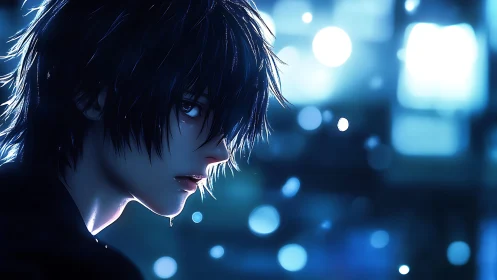 Brooding anime boy under neon rain in moody blue light.