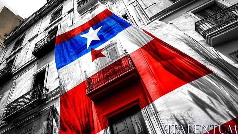 Photographic urban study with monumental Puerto Rican flag overlayed.