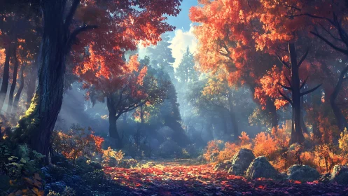 Autumn Forest Canopy Path Bathed in Golden Sunlight