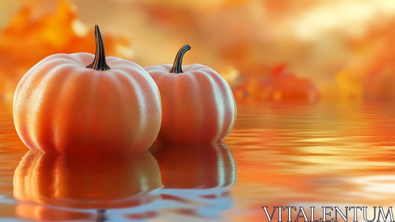 Specular-lit twin pumpkins on reflective autumn liquid plane.