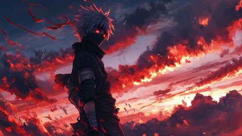 Masked swordsman burns through storm-darkened sky.