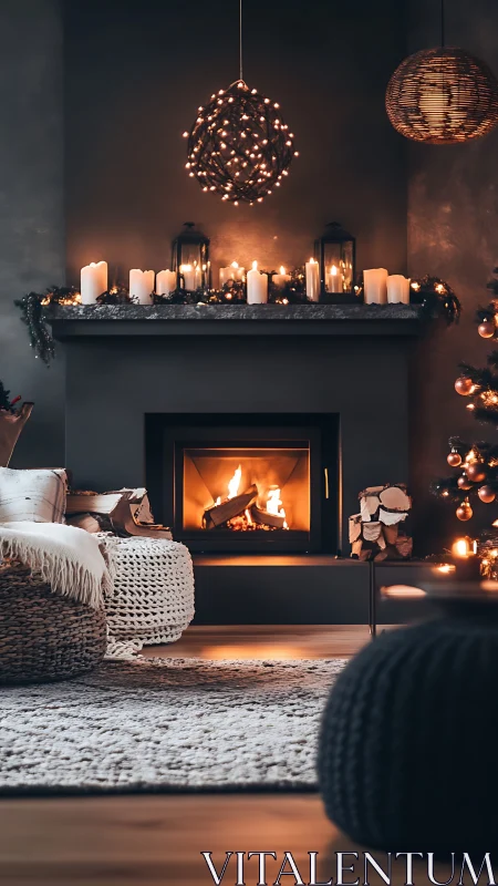 Modern living room fireplace with candles and warm lighting