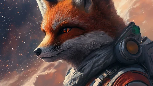 Starbound fox commander gazes into a swirling nebula sky.