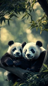 Snuggly panda siblings sharing a quiet treetop cuddle moment.