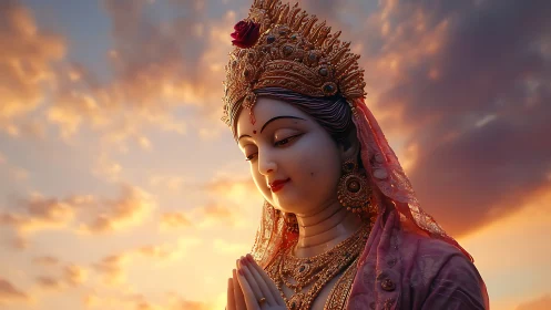 Divine goddess statue in golden sunset backlight, jeweled crown.