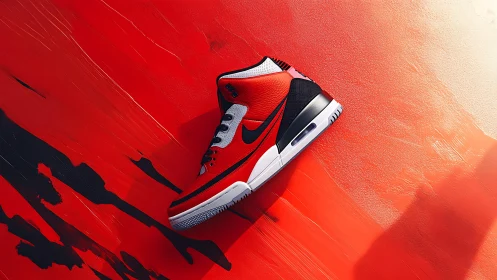 Red and black Nike sneaker on abstract painted surface.