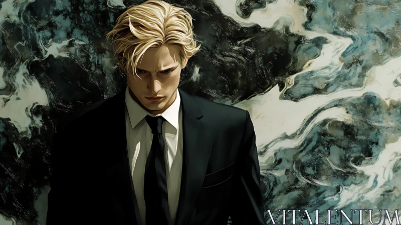 Stormy minded man in a suit stands before swirling chaos