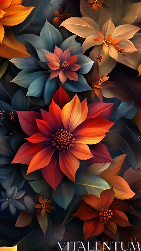 Blossoms Ablaze: Digital Garden of Fire and Shadow.