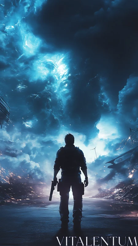 Silhouetted soldier stands under glowing storm-filled sky