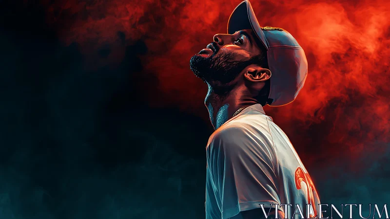 Confident athlete gazes upward in bold red and blue smoke