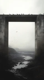 Concrete gateway frames misty tidal flat under birds.