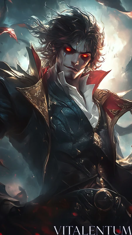 Vampiric swordsman with glowing red eyes in stormy dusk