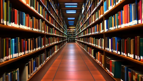 Symmetrical library aisle uses deep linear perspective and even lighting