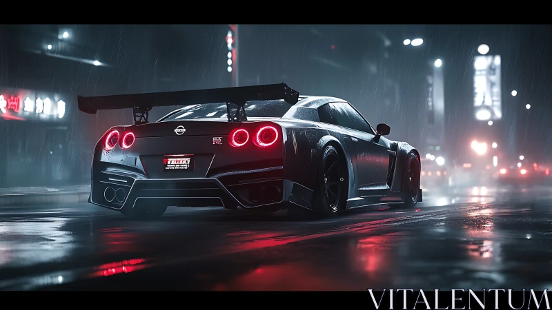 Aerodynamic GT-R in rain-soaked neon urban streetscape at night.
