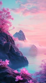 Dreamlike pink mountains rise above tranquil misty waters.