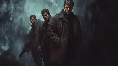 Brooding armed figures emerge from a stormy darkness.