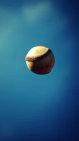 Baseball is captured midair against uniform blue gradient sky