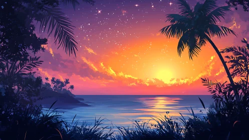 Tropical sunset illuminates tranquil ocean horizon with palms