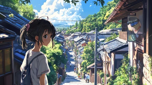 Anime girl on sunny street in traditional hillside town.