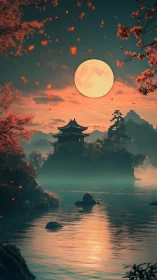 Moonlit pagoda over misty lake in glowing teal dusk.