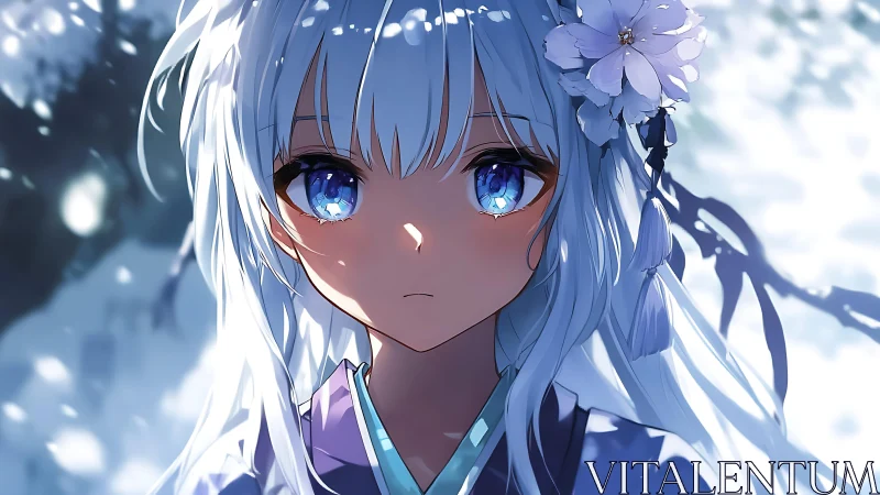 White-haired anime figure with blue eyes in snowy setting.