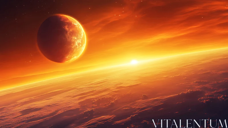 Fiery alien sunrise above glowing planetary horizon.